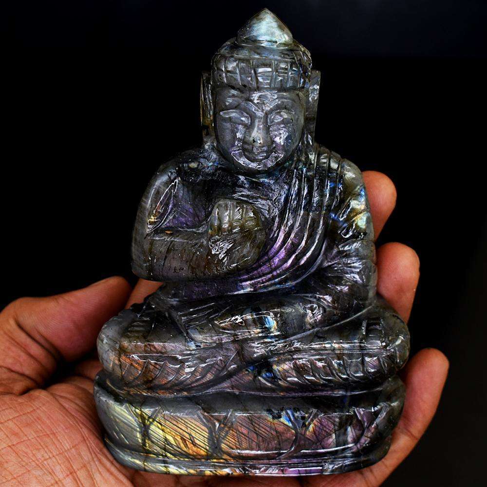 gemsmore:Artisian Pink Flash Labradorite Hand Carved Lord Buddha