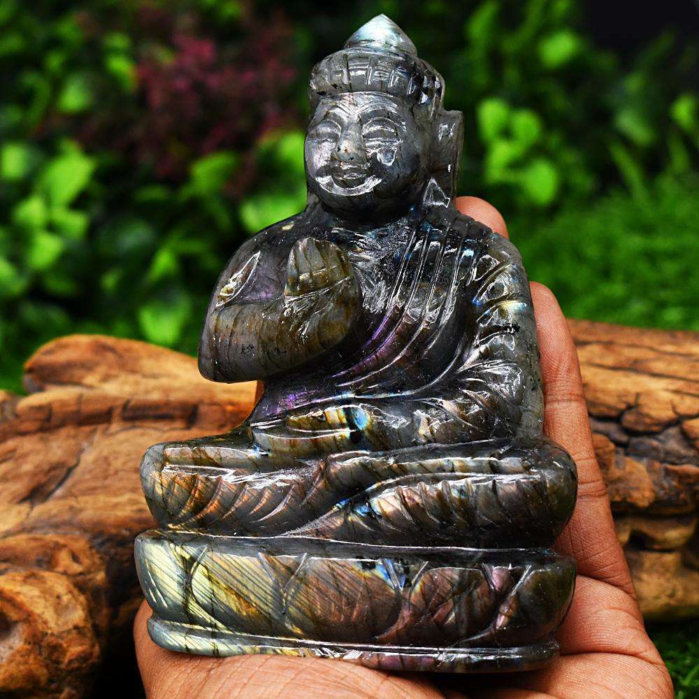 gemsmore:Artisian Pink Flash Labradorite Hand Carved Lord Buddha