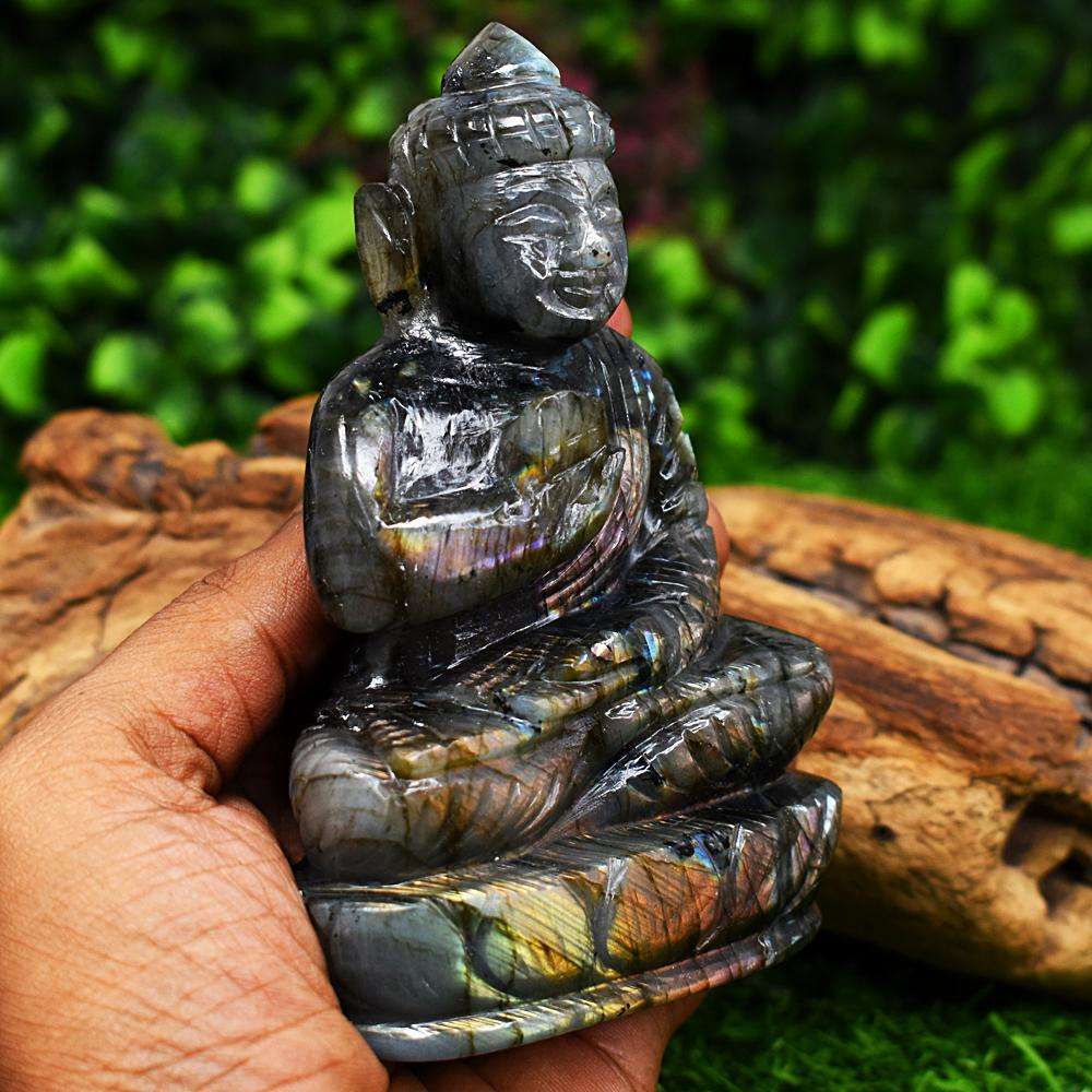 gemsmore:Artisian Pink Flash Labradorite Hand Carved Lord Buddha