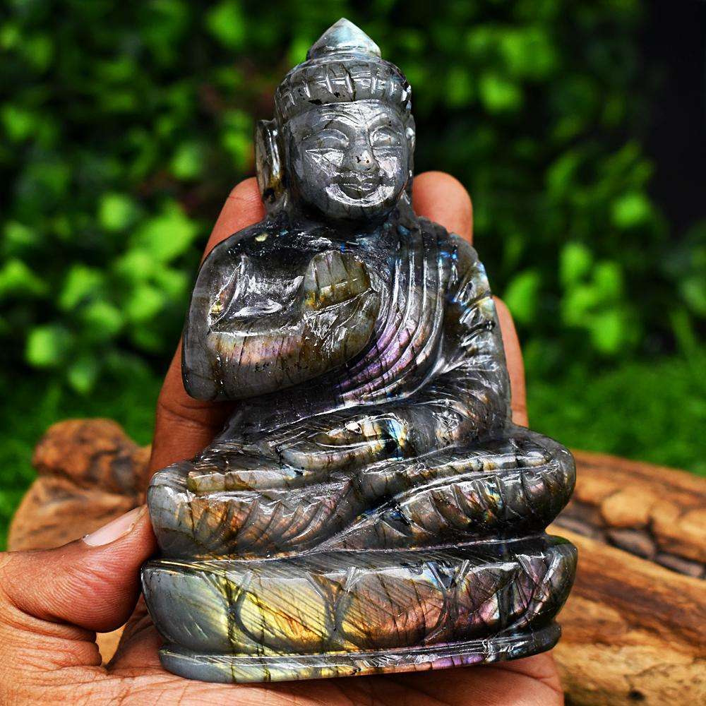 gemsmore:Artisian Pink Flash Labradorite Hand Carved Lord Buddha