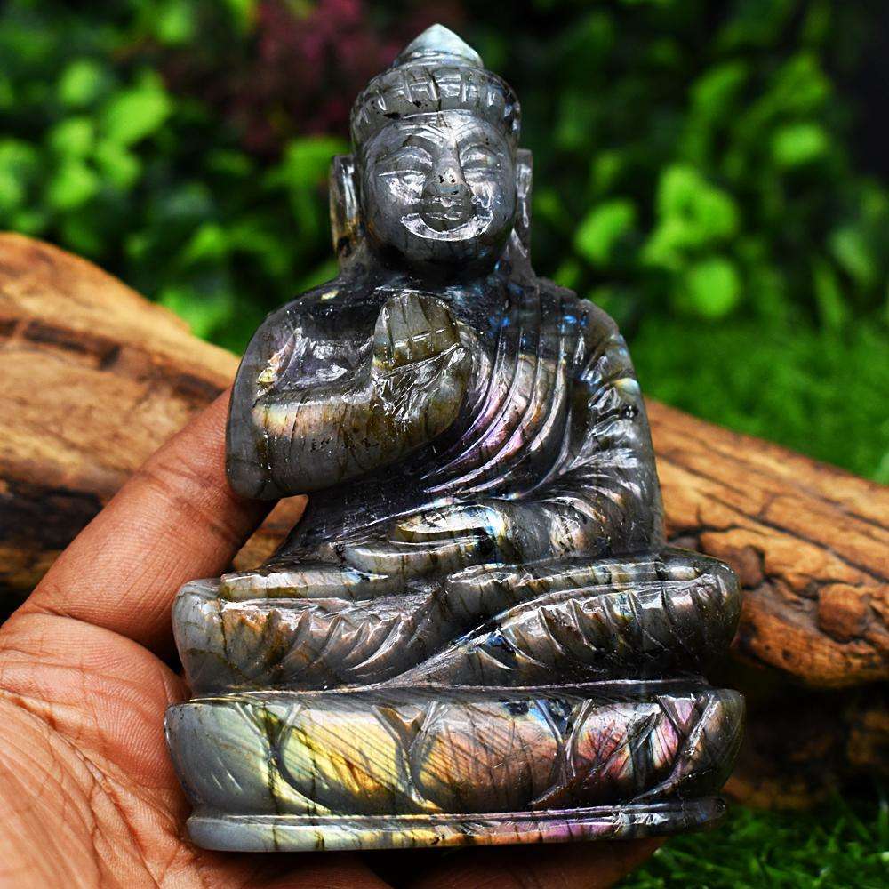 gemsmore:Artisian Pink Flash Labradorite Hand Carved Lord Buddha