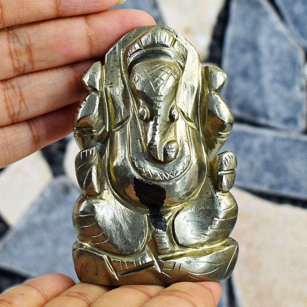 gemsmore:Artisian Pyrite Hand Carved Genuine Crystal Gemstone Carving Lord Ganesha