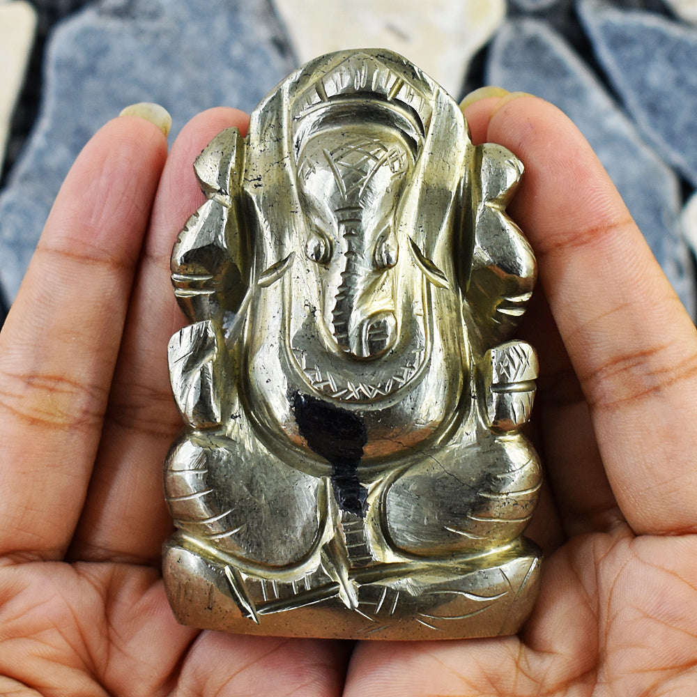 gemsmore:Artisian Pyrite Hand Carved Genuine Crystal Gemstone Carving Lord Ganesha