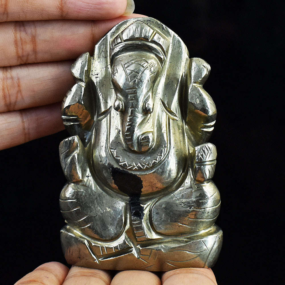 gemsmore:Artisian Pyrite Hand Carved Genuine Crystal Gemstone Carving Lord Ganesha