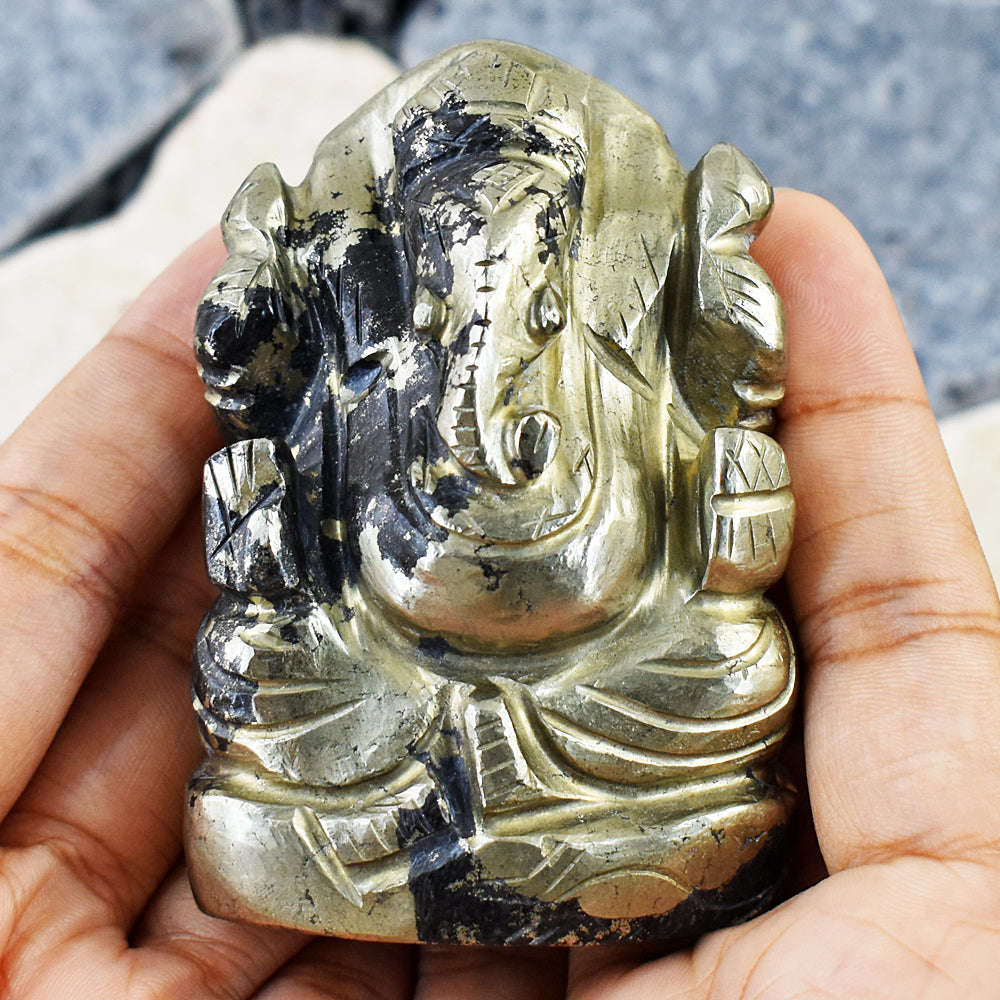 gemsmore:Artisian Pyrite Hand Carved Genuine Crystal Gemstone Carving Lord Ganesha