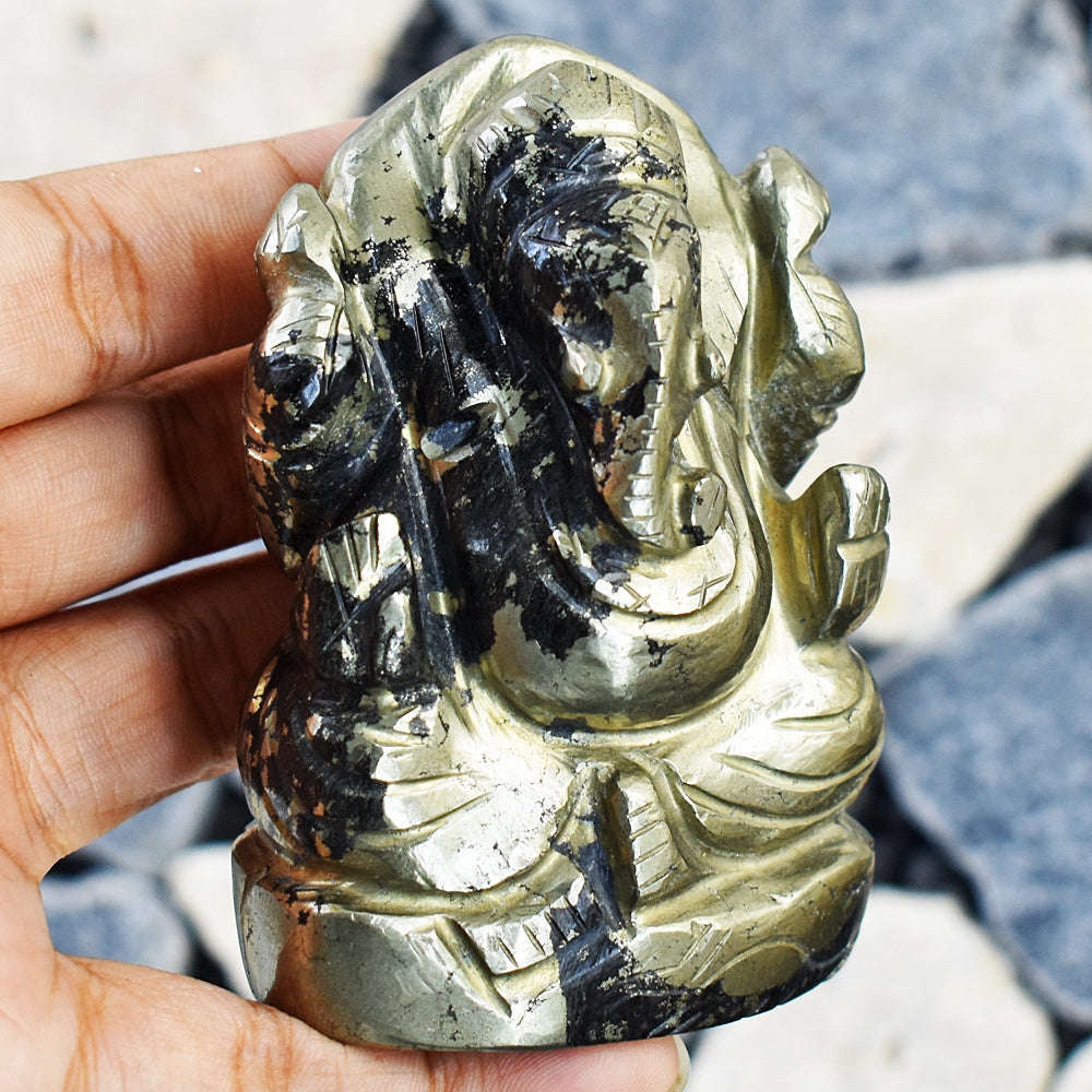 gemsmore:Artisian Pyrite Hand Carved Genuine Crystal Gemstone Carving Lord Ganesha