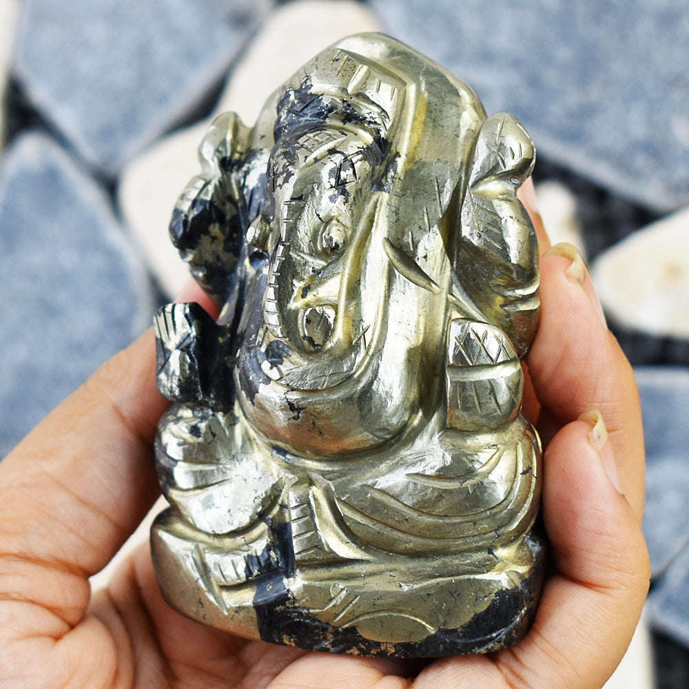 gemsmore:Artisian Pyrite Hand Carved Genuine Crystal Gemstone Carving Lord Ganesha