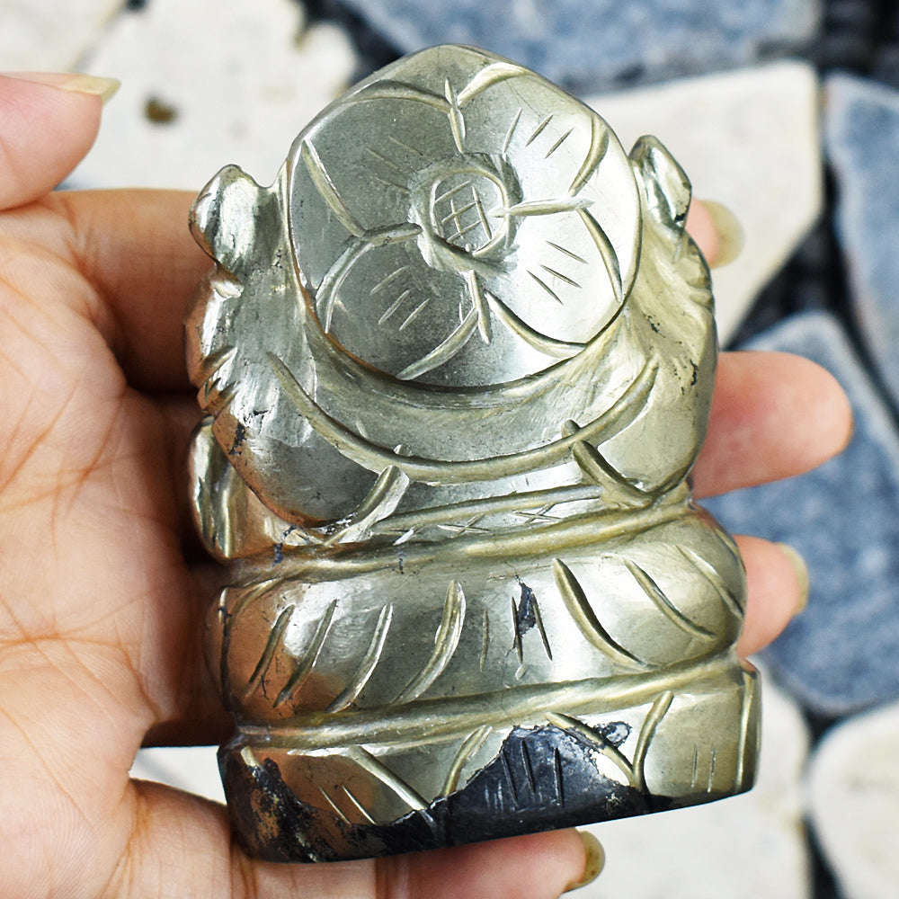 gemsmore:Artisian Pyrite Hand Carved Genuine Crystal Gemstone Carving Lord Ganesha