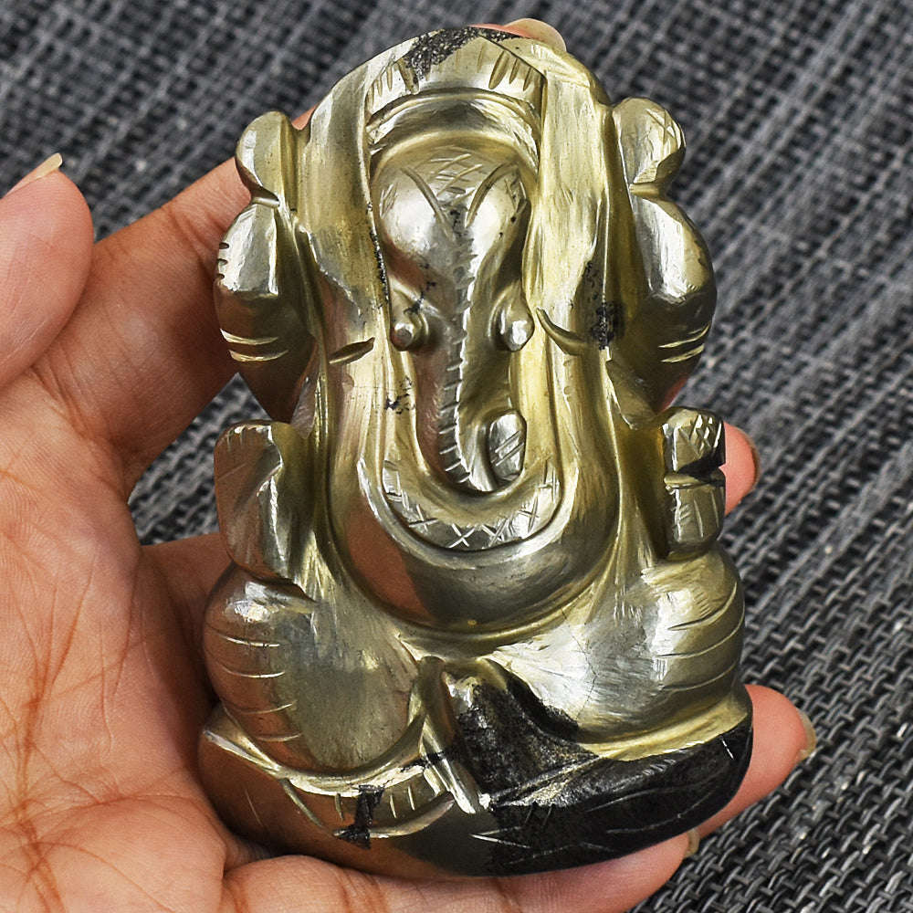 gemsmore:Artisian Pyrite Hand Carved Genuine Crystal Gemstone Carving Lord Ganesha