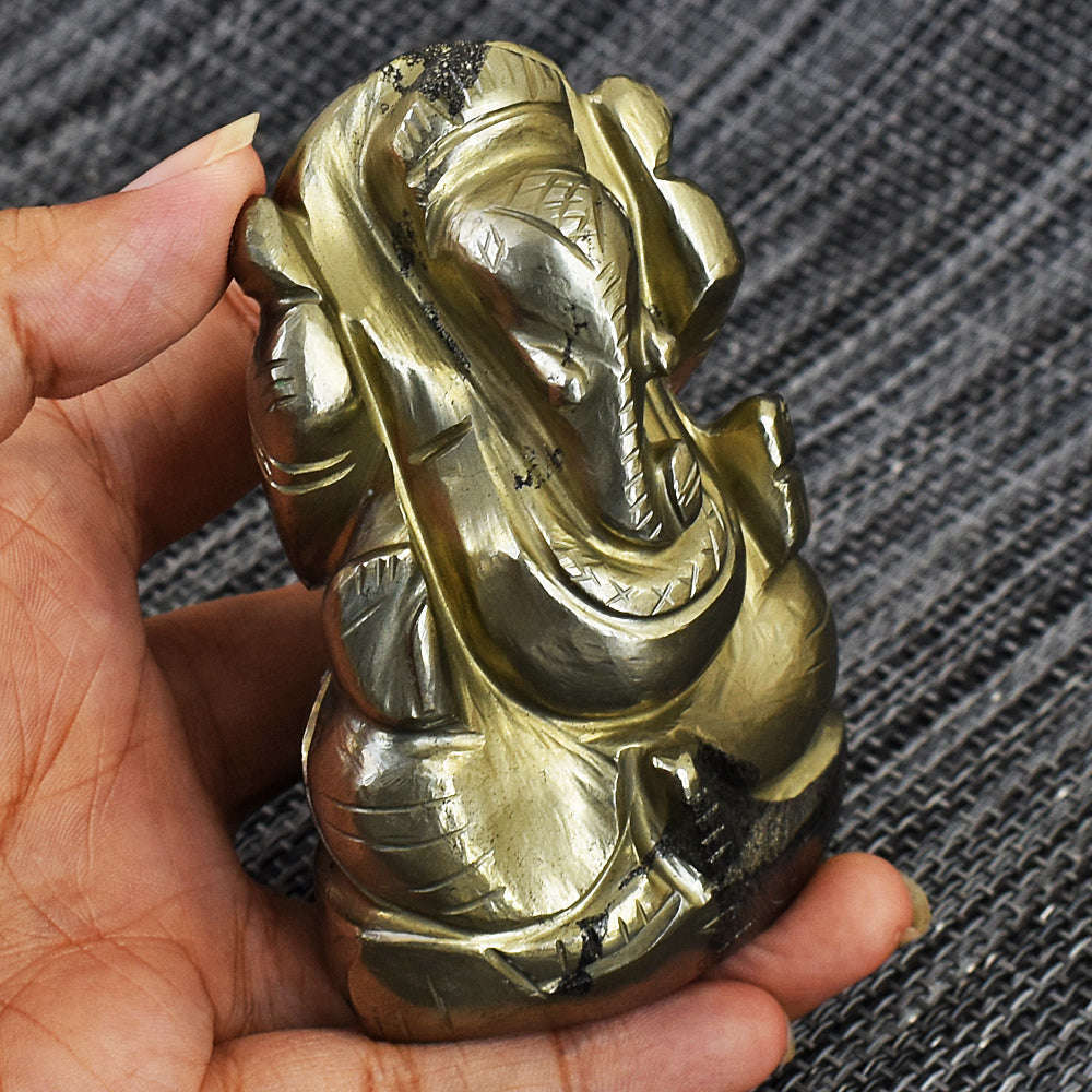 gemsmore:Artisian Pyrite Hand Carved Genuine Crystal Gemstone Carving Lord Ganesha