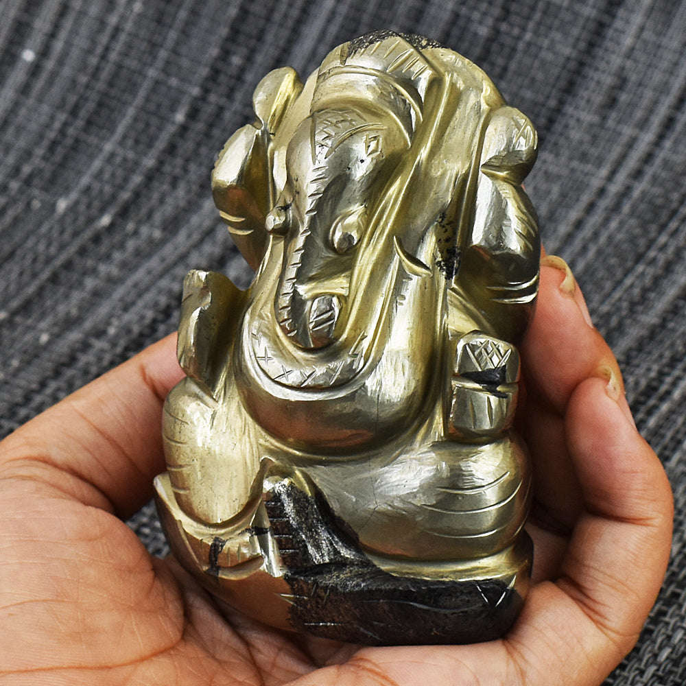 gemsmore:Artisian Pyrite Hand Carved Genuine Crystal Gemstone Carving Lord Ganesha