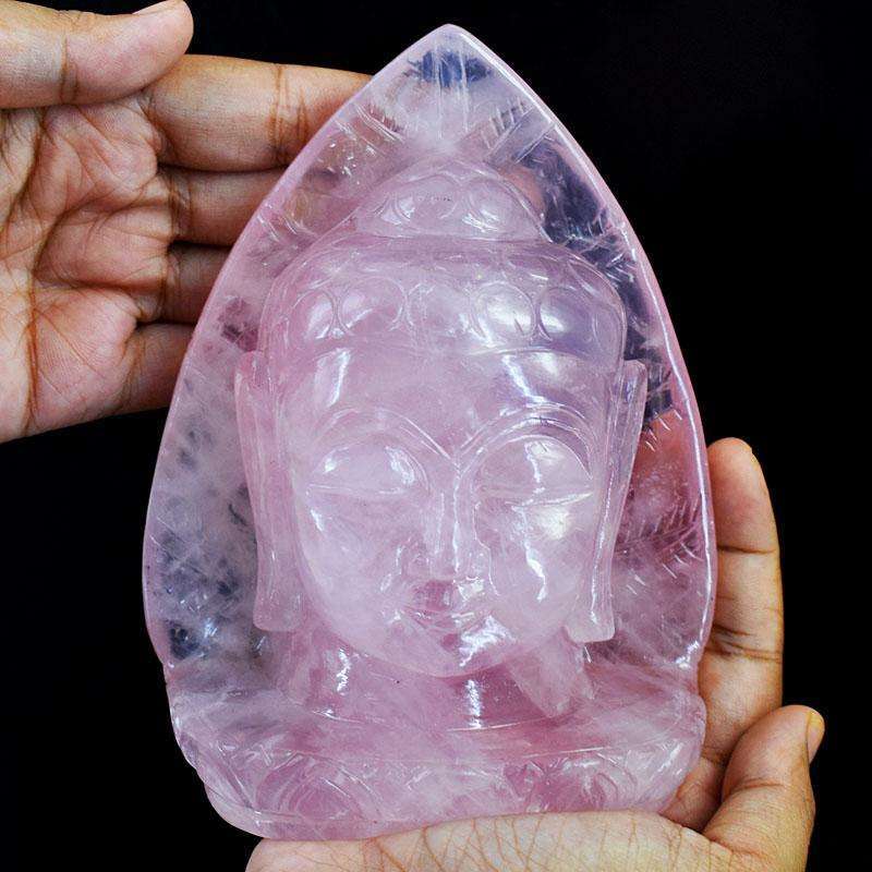 gemsmore:Artisian Rose Quartz Hand Carved Genuine Crystal Gemstone Carving Leaf Palm Buddha Head