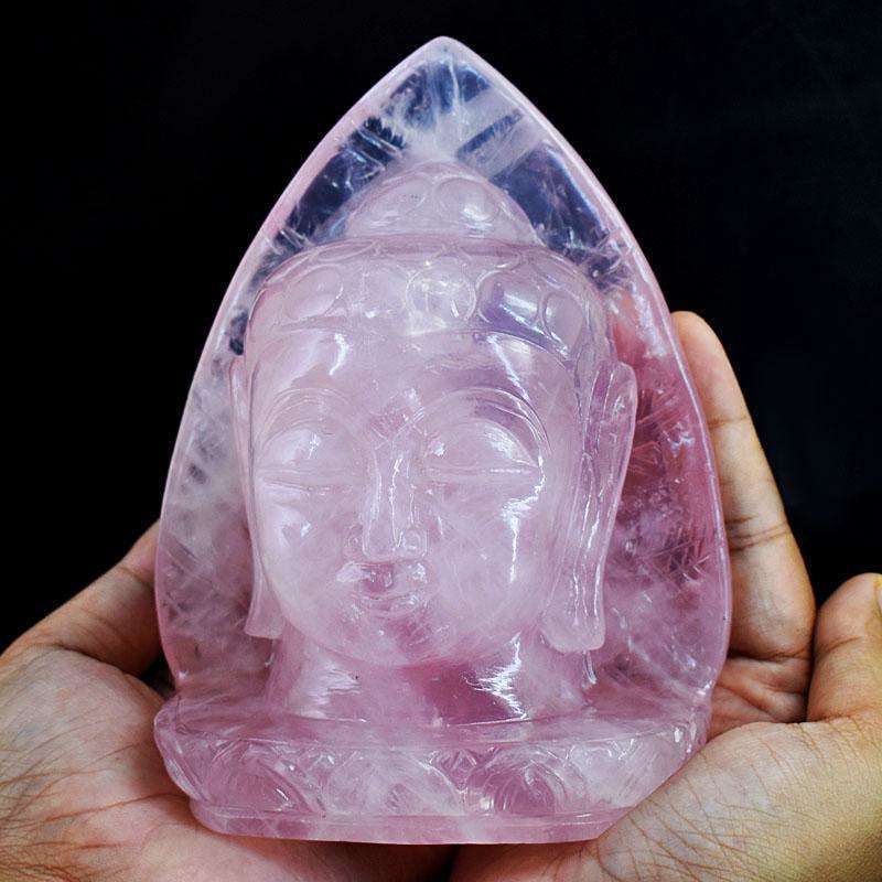 gemsmore:Artisian Rose Quartz Hand Carved Genuine Crystal Gemstone Carving Leaf Palm Buddha Head