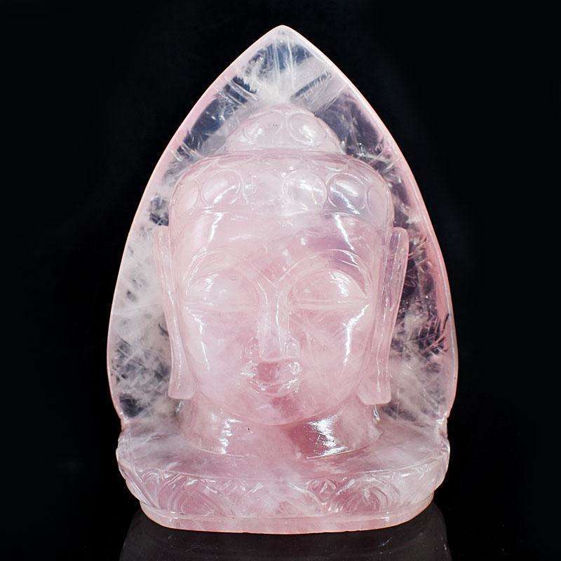 gemsmore:Artisian Rose Quartz Hand Carved Genuine Crystal Gemstone Carving Leaf Palm Buddha Head