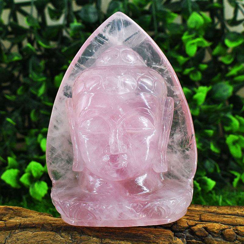 gemsmore:Artisian Rose Quartz Hand Carved Genuine Crystal Gemstone Carving Leaf Palm Buddha Head