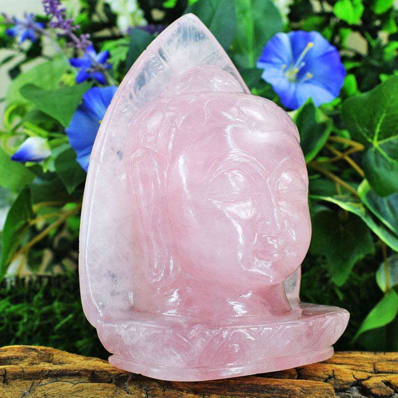 gemsmore:Artisian Rose Quartz Hand Carved Genuine Crystal Gemstone Carving Leaf Palm Buddha Head