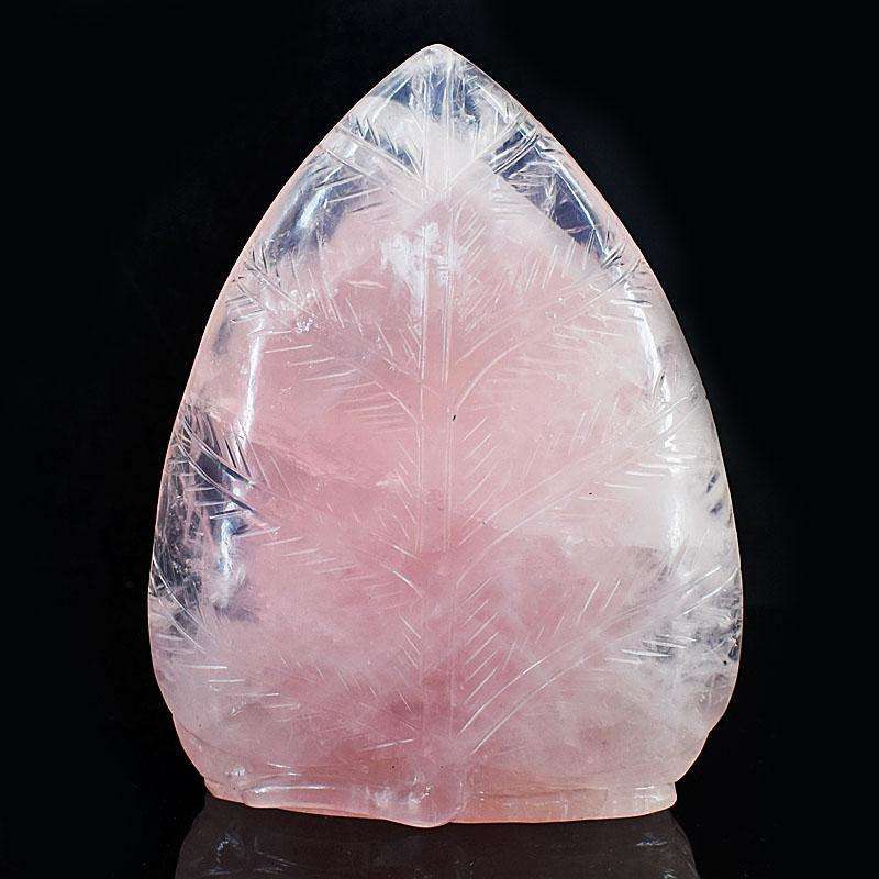 gemsmore:Artisian Rose Quartz Hand Carved Genuine Crystal Gemstone Carving Leaf Palm Buddha Head