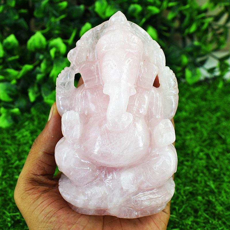 gemsmore:Artisian Rose Quartz Hand Carved Genuine Crystal Gemstone Carving Lord Ganesha