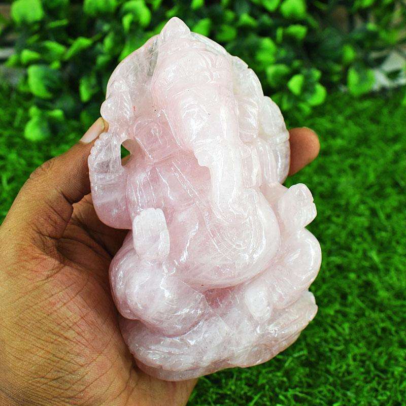 gemsmore:Artisian Rose Quartz Hand Carved Genuine Crystal Gemstone Carving Lord Ganesha