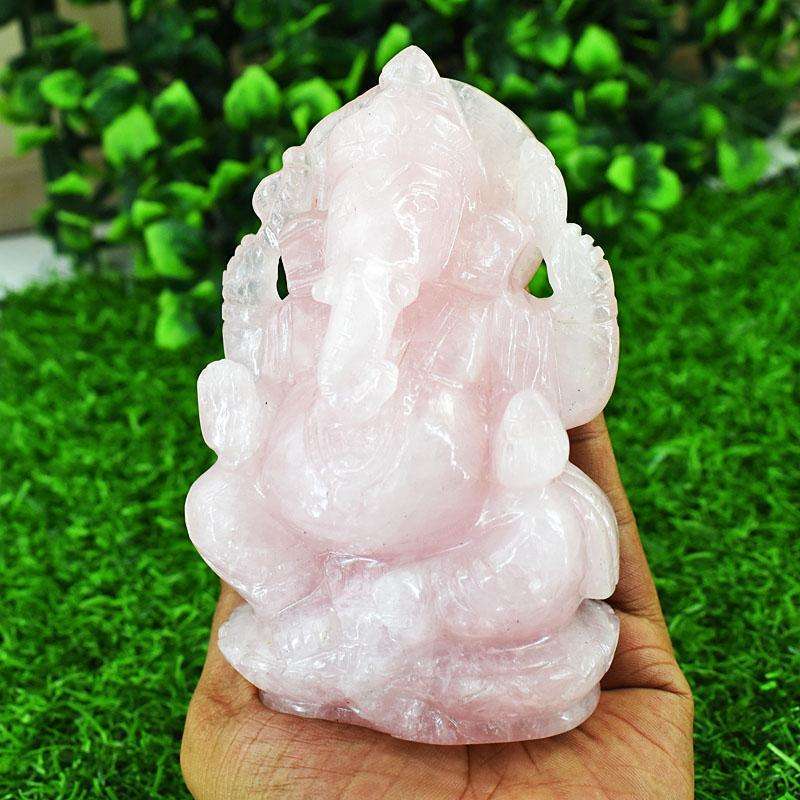 gemsmore:Artisian Rose Quartz Hand Carved Genuine Crystal Gemstone Carving Lord Ganesha