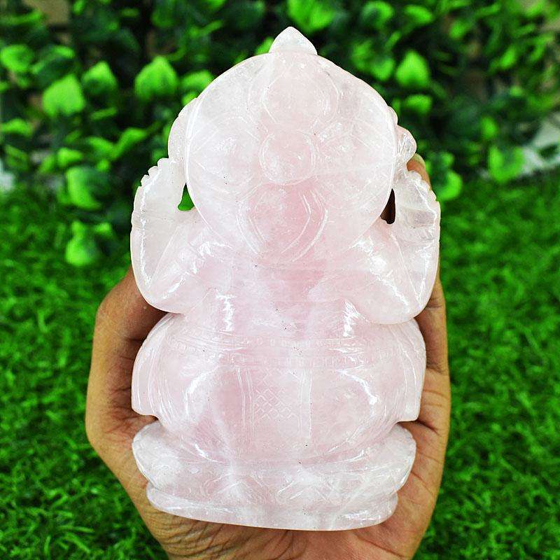 gemsmore:Artisian Rose Quartz Hand Carved Genuine Crystal Gemstone Carving Lord Ganesha