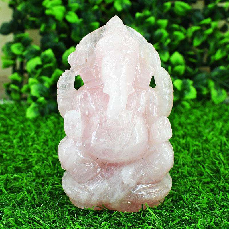 gemsmore:Artisian Rose Quartz Hand Carved Genuine Crystal Gemstone Carving Lord Ganesha