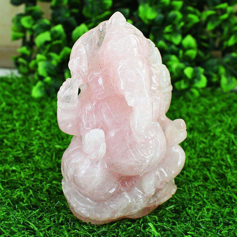 gemsmore:Artisian Rose Quartz Hand Carved Genuine Crystal Gemstone Carving Lord Ganesha