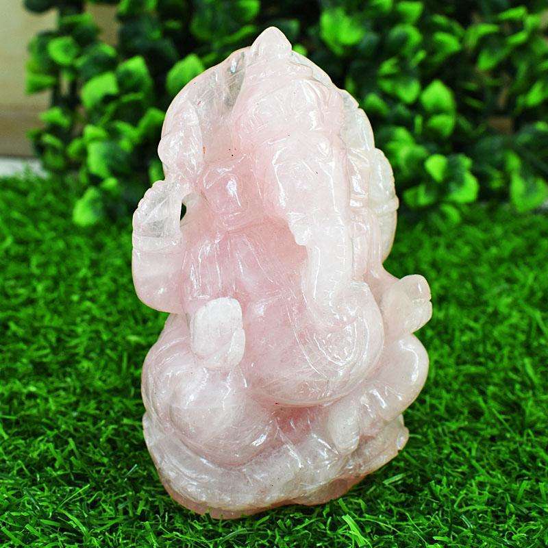 gemsmore:Artisian Rose Quartz Hand Carved Genuine Crystal Gemstone Carving Lord Ganesha