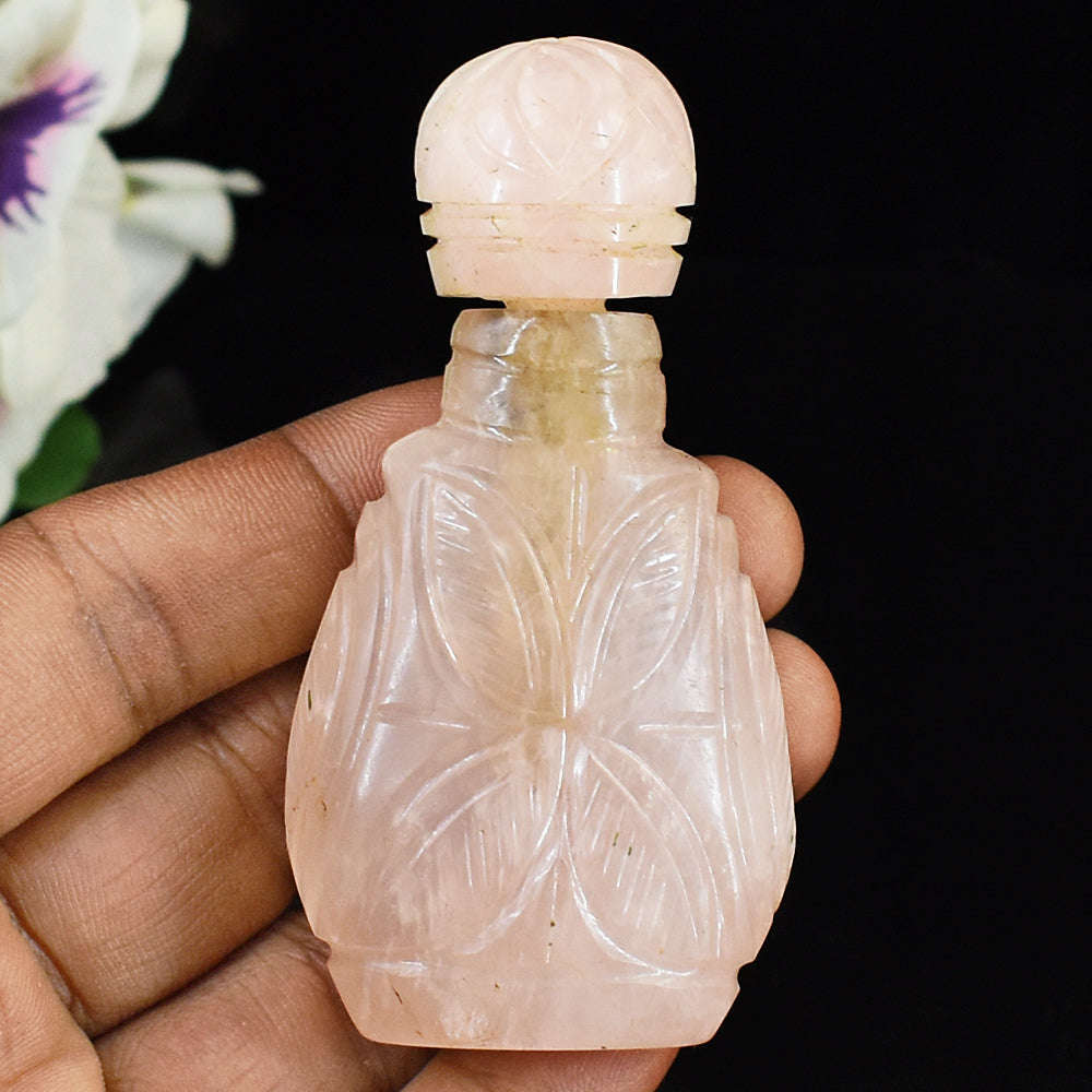 gemsmore:Artisian Rose Quartz Hand Carved Genuine Crystal Gemstone Carving Perfume Bottle