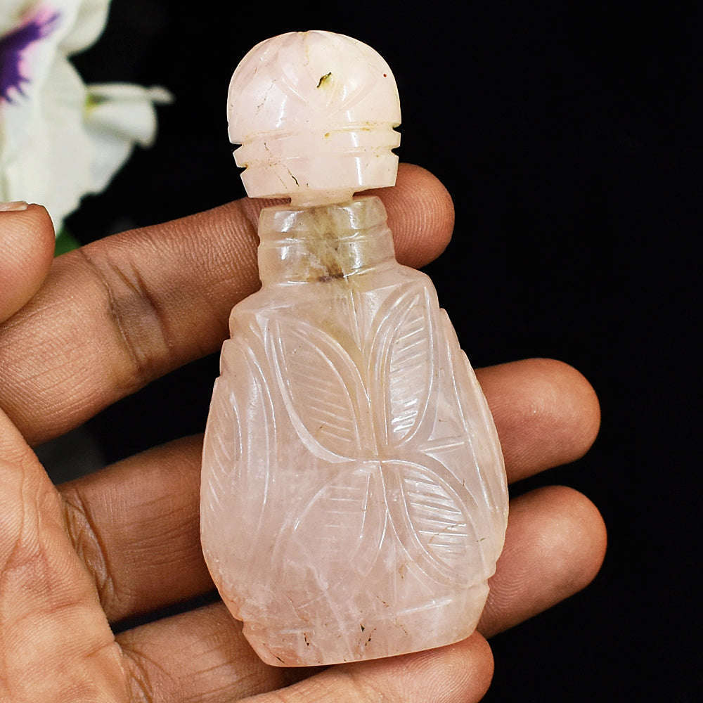 gemsmore:Artisian Rose Quartz Hand Carved Genuine Crystal Gemstone Carving Perfume Bottle