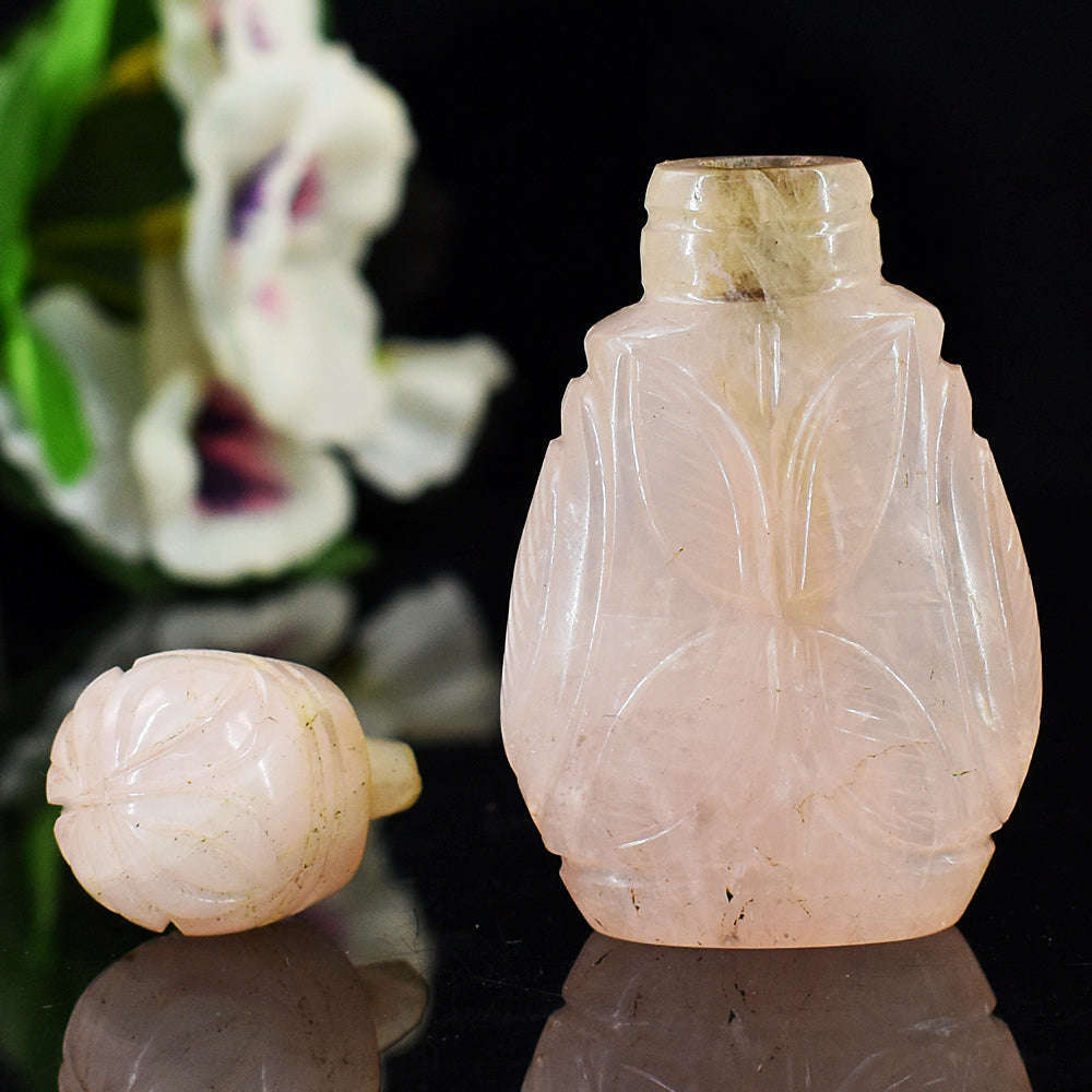 gemsmore:Artisian Rose Quartz Hand Carved Genuine Crystal Gemstone Carving Perfume Bottle