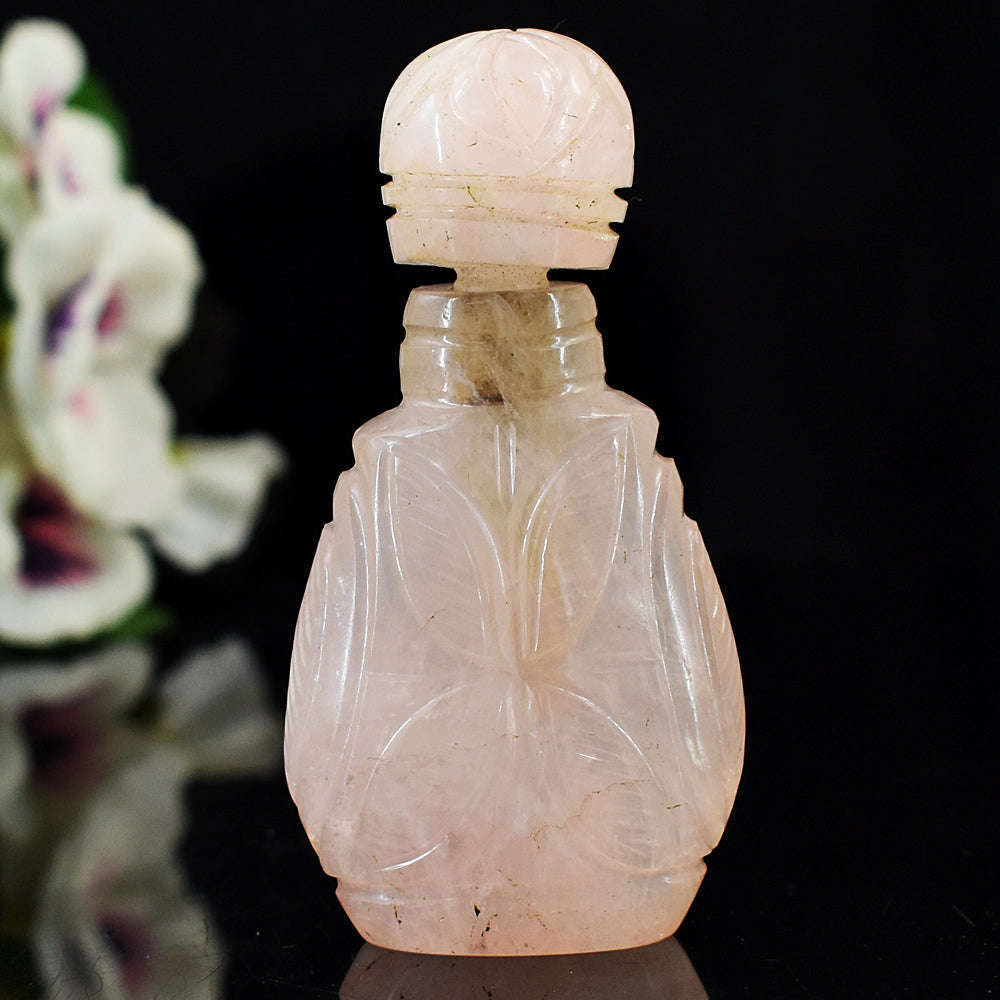 gemsmore:Artisian Rose Quartz Hand Carved Genuine Crystal Gemstone Carving Perfume Bottle