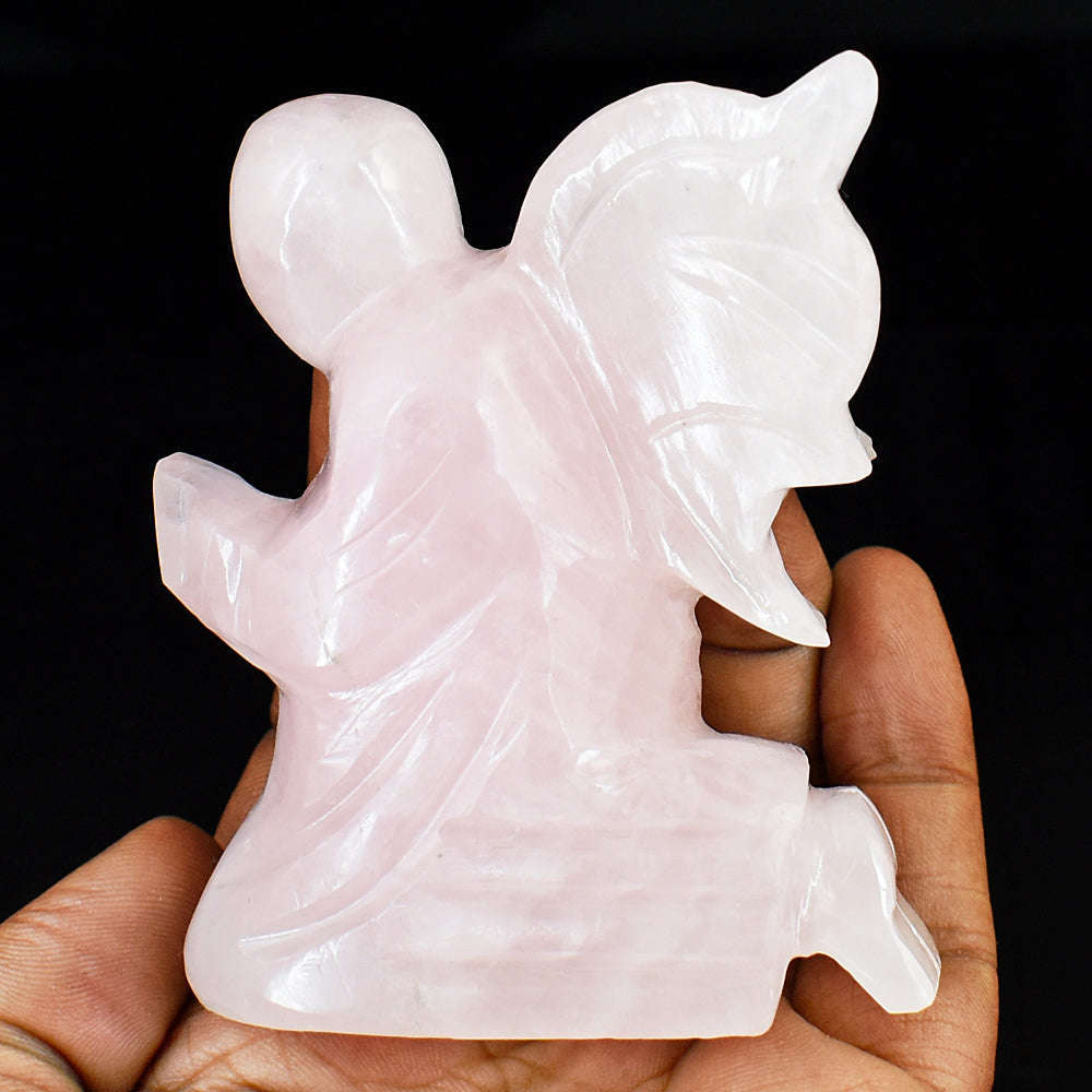 gemsmore:Artisian Rose Quartz Hand Carved Genuine Crystal Gemstone Carving Praying Angel