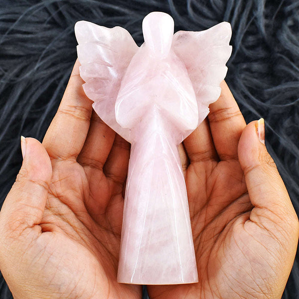 gemsmore:Artisian Rose Quartz Hand Carved Genuine Crystal Gemstone Carving Praying Angel