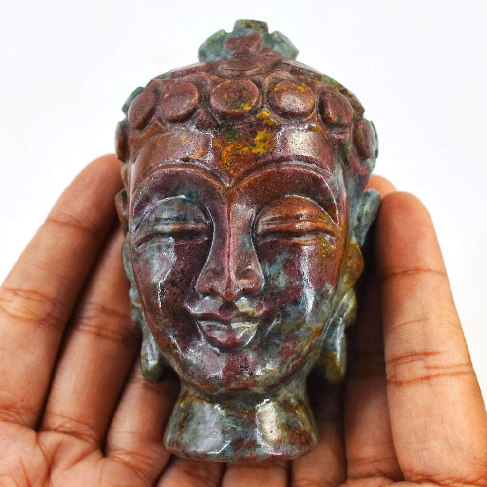 gemsmore:Artisian Ruby In Kyanite Hand Carved Genuine Crystal Gemstone Carving Buddha Head