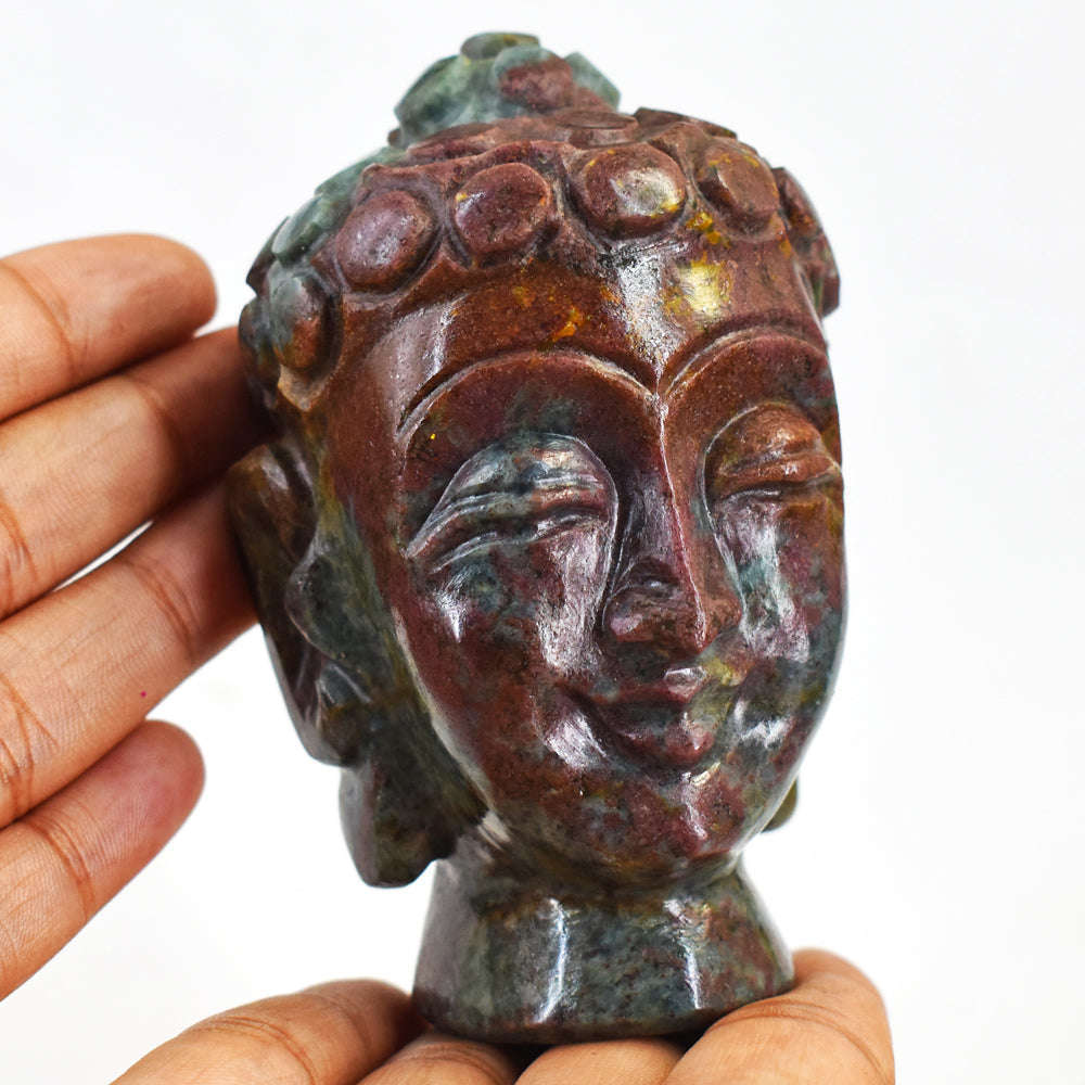 gemsmore:Artisian Ruby In Kyanite Hand Carved Genuine Crystal Gemstone Carving Buddha Head