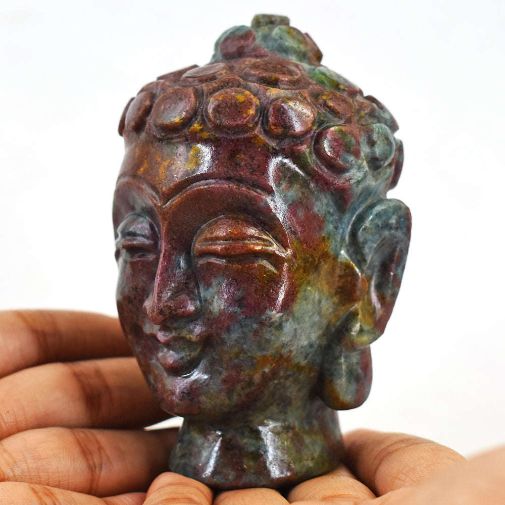 gemsmore:Artisian Ruby In Kyanite Hand Carved Genuine Crystal Gemstone Carving Buddha Head