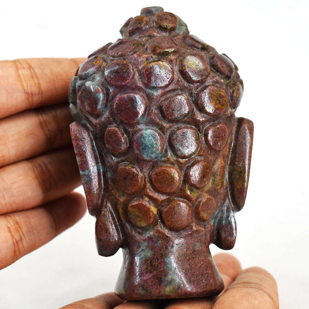 gemsmore:Artisian Ruby In Kyanite Hand Carved Genuine Crystal Gemstone Carving Buddha Head