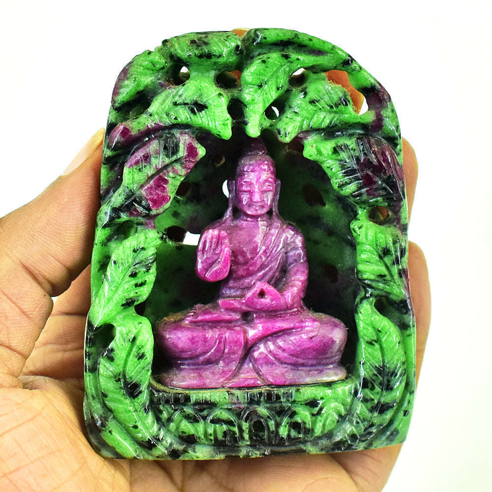 gemsmore:Artisian Ruby Zoisite Hand Carved Genuine Crystal Gemstone Carving Lord Buddha