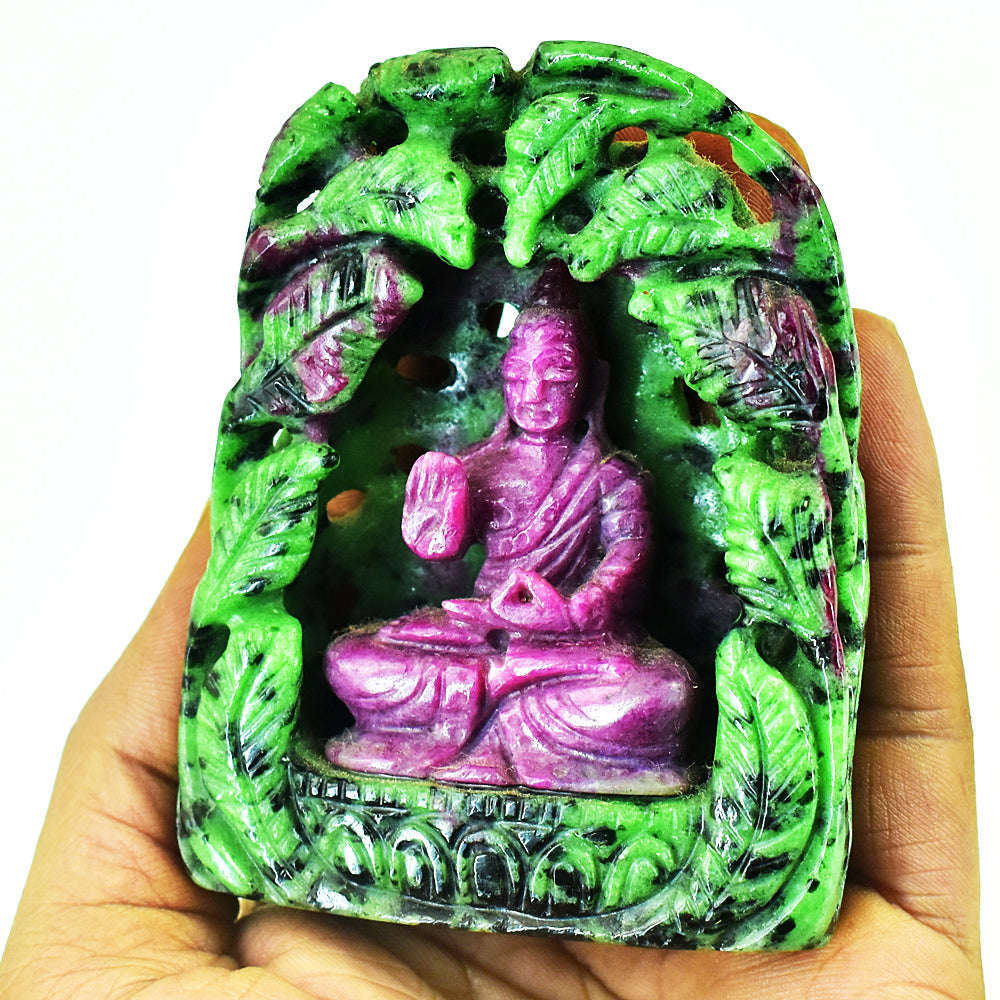 gemsmore:Artisian Ruby Zoisite Hand Carved Genuine Crystal Gemstone Carving Lord Buddha