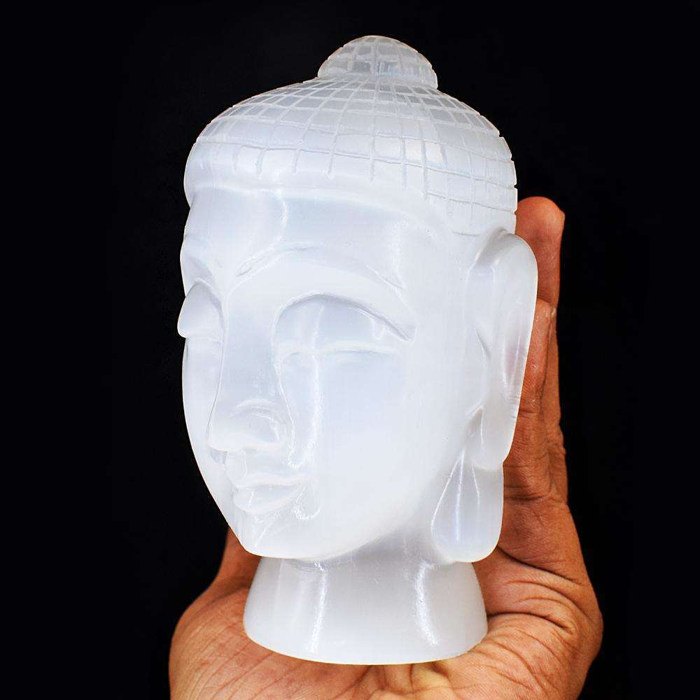 gemsmore:Artisian Selenite Hand Carved Lord Buddha Head