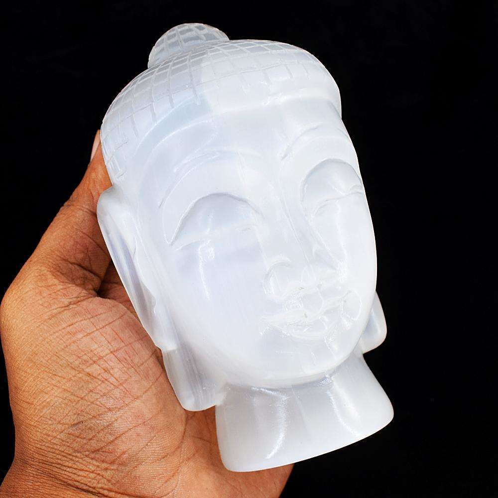 gemsmore:Artisian Selenite Hand Carved Lord Buddha Head