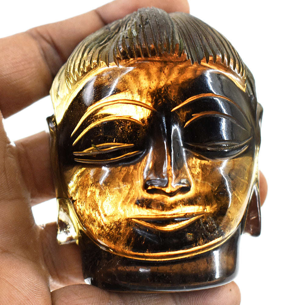 gemsmore:Artisian Smoky Quartz  Hand Carved Genuine Crystal Gemstone Carving Buddha Head