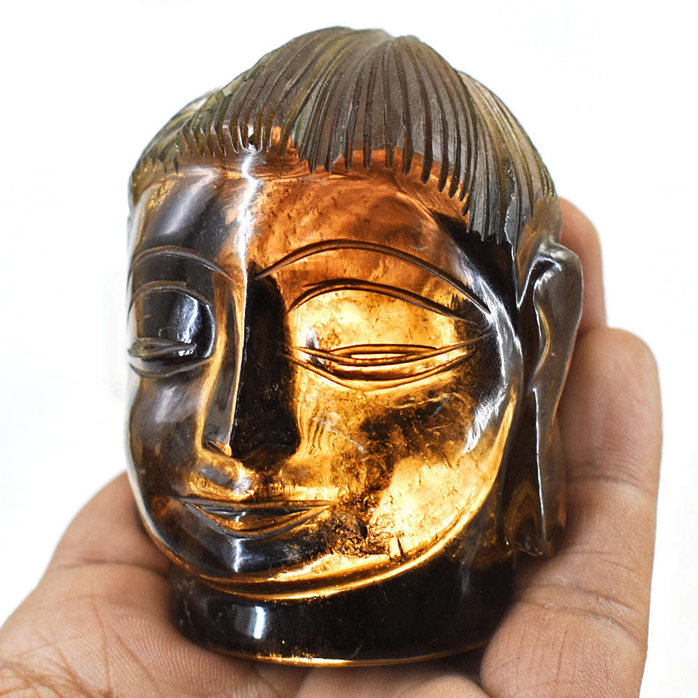 gemsmore:Artisian Smoky Quartz  Hand Carved Genuine Crystal Gemstone Carving Buddha Head