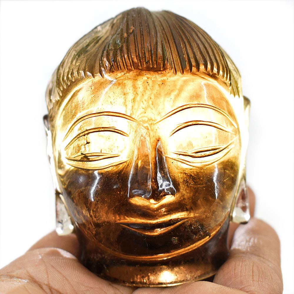 gemsmore:Artisian Smoky Quartz  Hand Carved Genuine Crystal Gemstone Carving Buddha Head