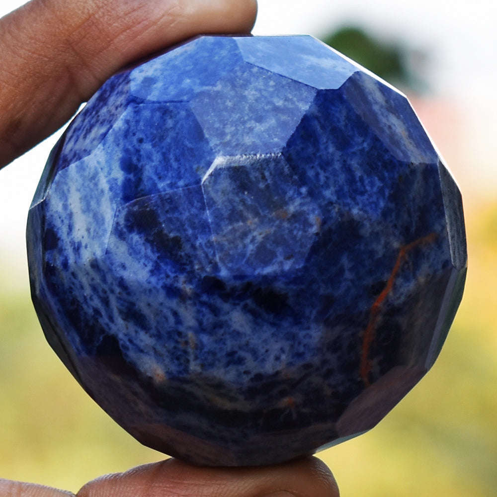 gemsmore:Artisian Sodalite Faceted Hand Carved Crystal Healing Sphere Gemstone