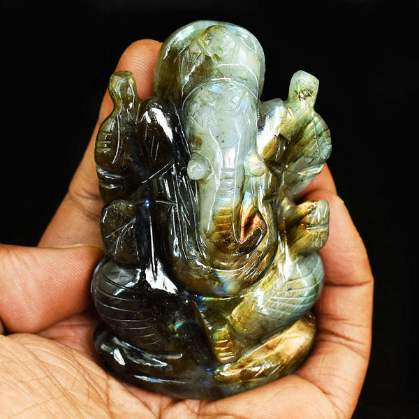 gemsmore:Artisian Sunset Flash Labradorite Hand Carved Genuine Crystal Gemstone Carving Lord Ganesha
