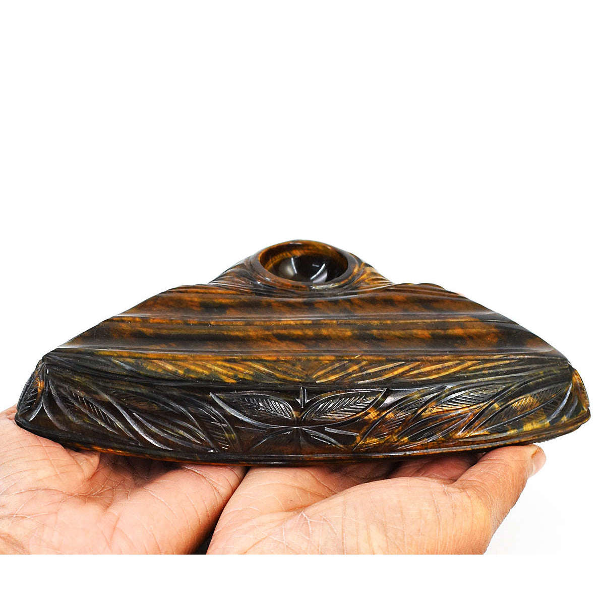 gemsmore:Artisian Tiger Eye  Hand Carved Genuine Crystal Gemstone Carving Candle Holder