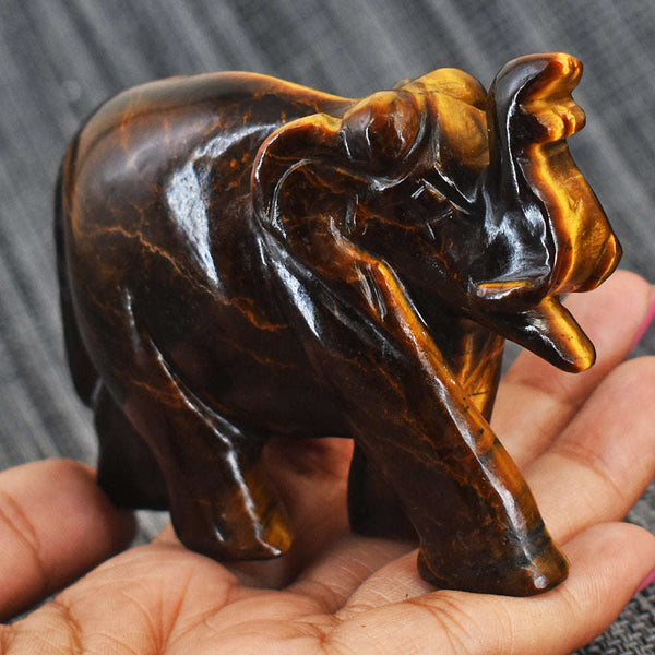 gemsmore:Artisian Tiger Eye Hand Carved Genuine Crystal Gemstone Carving Elephant