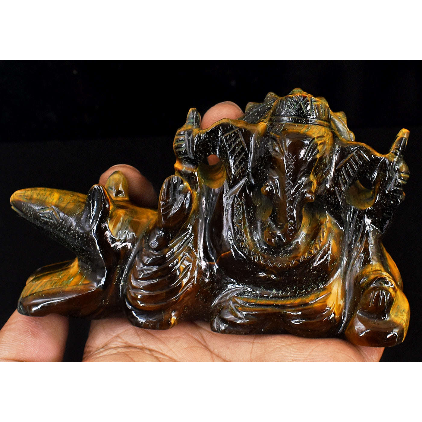 gemsmore:Artisian Tiger Eye Hand Carved Genuine Crystal Gemstone Carving Lord Ganesha